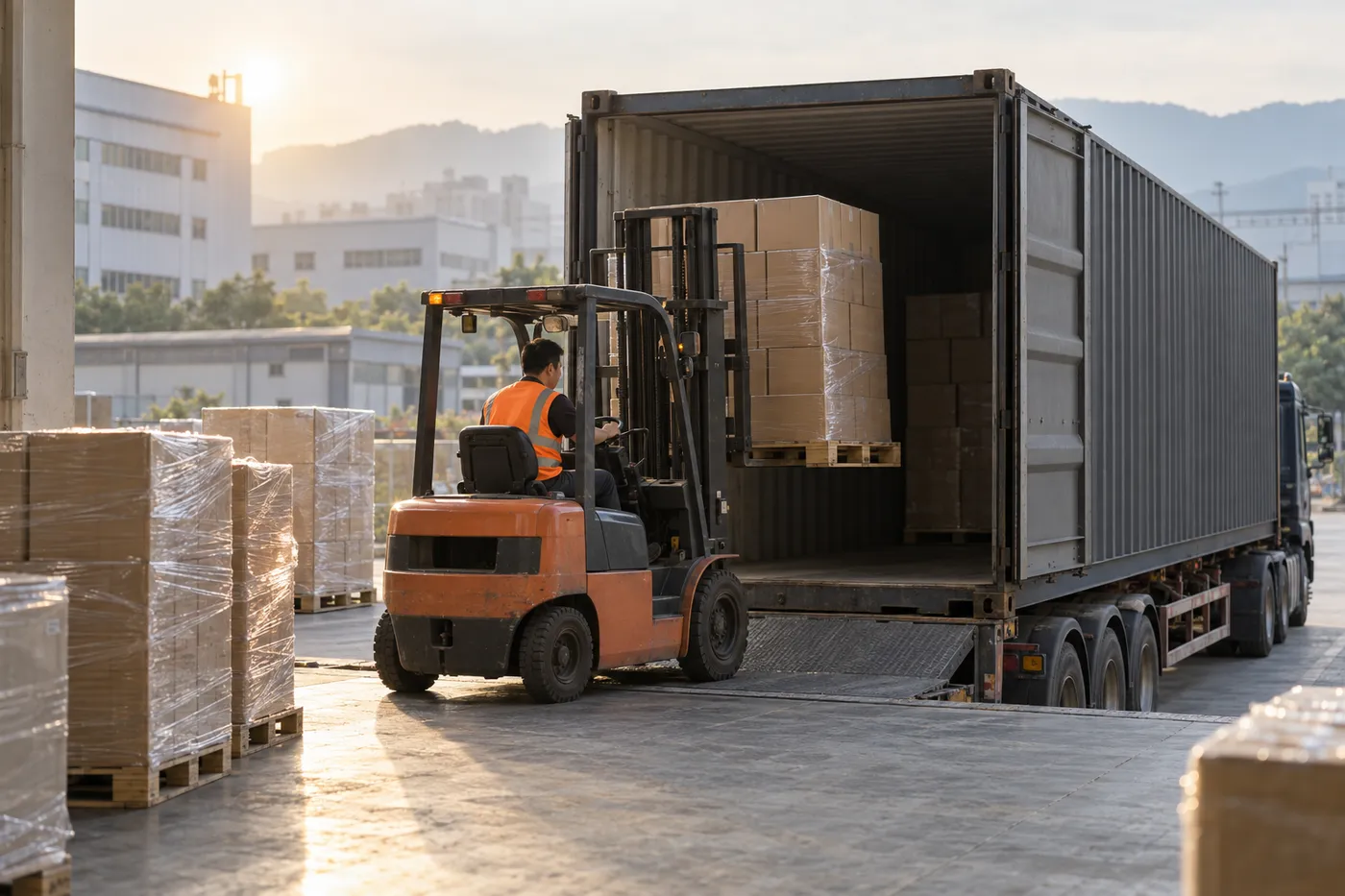 A forklift loads pallets of cartons into a shipping container at a factory loading dock