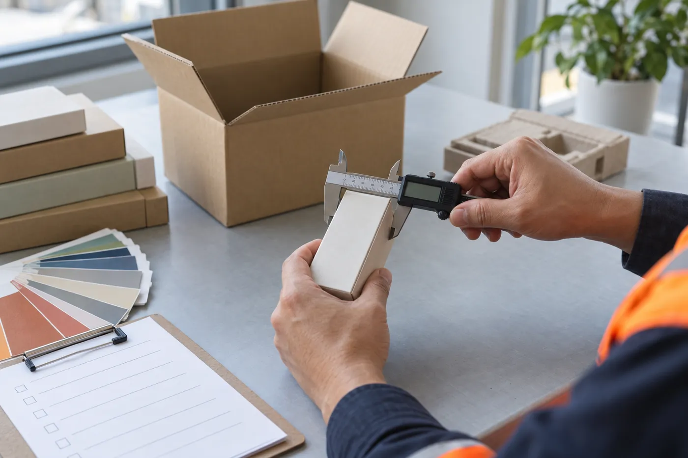 Hands measuring a product sample with a digital caliper beside packaging samples, a color fan and a checklist