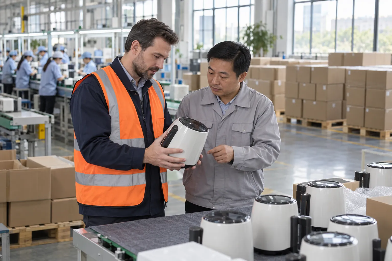 A sourcing agent in a high-visibility vest reviews a product sample with the production manager on a factory floor
