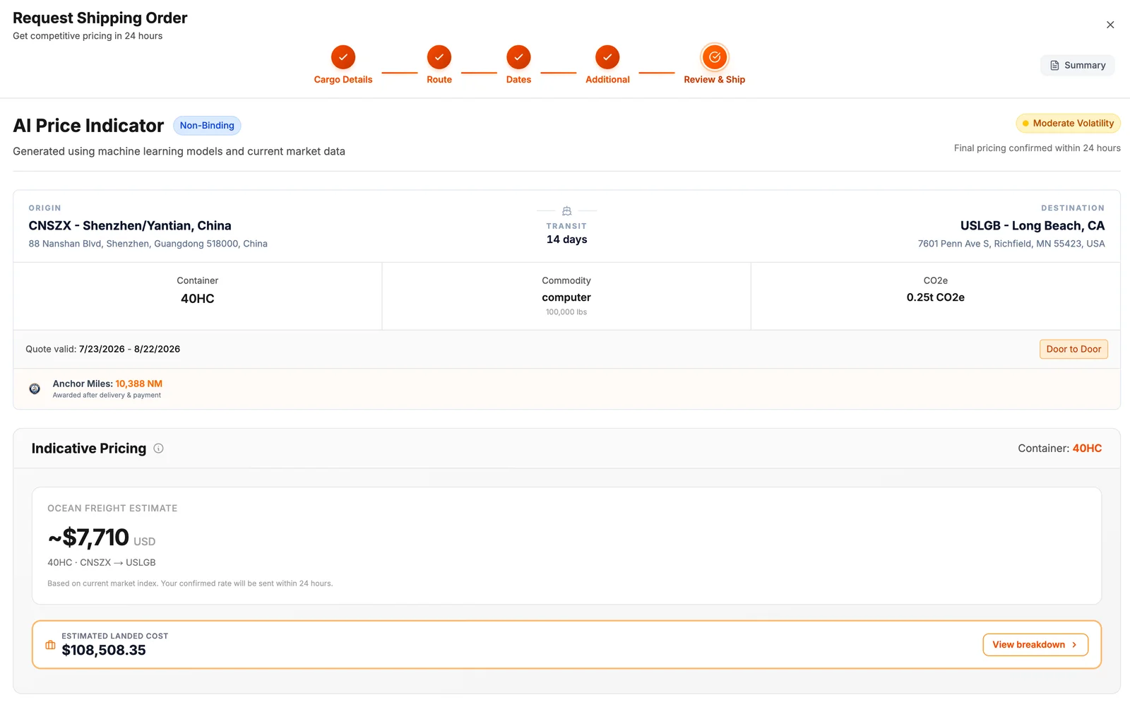 Gateway Terminal booking wizard with AI price indicator and landed cost estimate