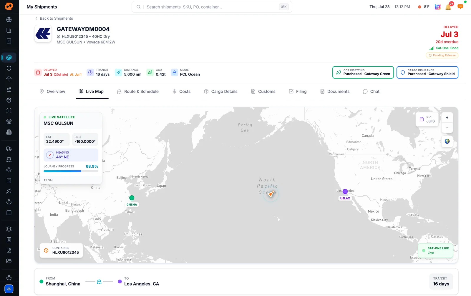 Gateway Terminal shipment view with live satellite tracking