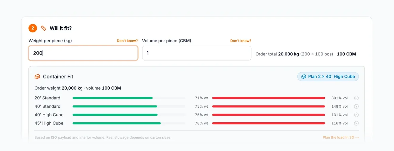 Gateway Terminal container fit check comparing order weight and volume with four container sizes, with example data