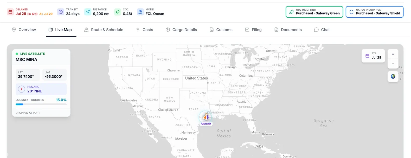 Gateway Terminal shipment tracking map showing the vessel position and route with example shipment data