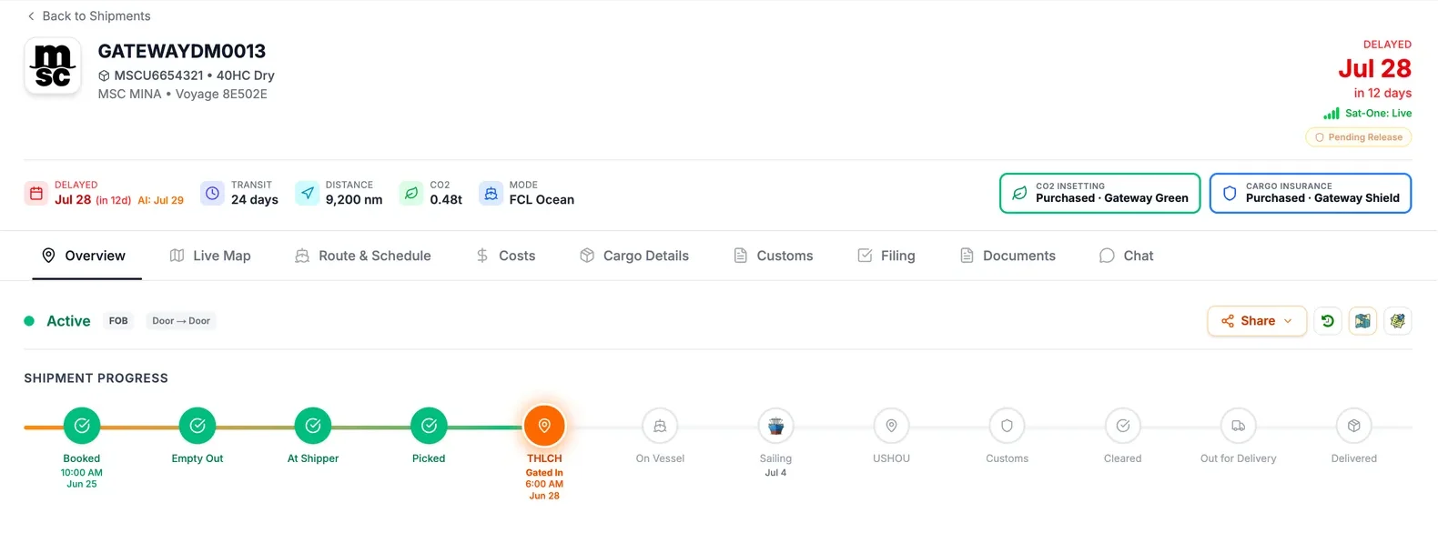 Gateway Terminal shipment record showing shipment progress from booking through delivery, with example data
